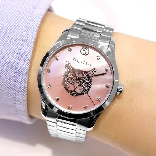  Shop Authentic Gucci G Timeless Quartz Mother of Pearl Pink Dial Silver Steel Strap Watch for Women - YA1264166 - Luxxuri