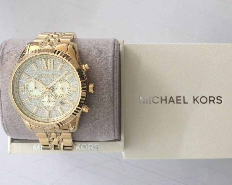 Michael Kors Lexington Chronograph Gold Dial Gold Steel Strap Watch For Men - MK8579
