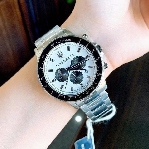  Shop Authentic Maserati SFIDA Chronograph White Dial Silver Steel Strap Watch For Men - R8873640003 - Luxxuri