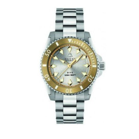  Shop Authentic Gucci Dive Automatic 18K Gold Silver Dial Silver Steel Strap Watch for Men - YA136357 - Luxxuri