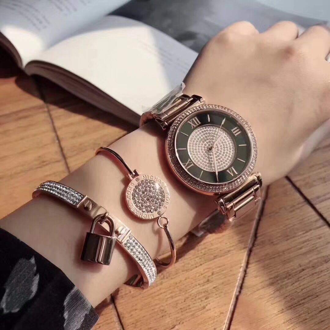 Michael Kors Catlin Black Dial Rose Gold Steel Strap Watch for Women - MK3339