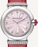  Shop Authentic Bvlgari Lvcea Intarsio Diamonds Mother of Pearl Pink Dial Red Leather Strap Watch for Women - LVCEA103619 - Luxxuri