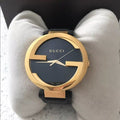  Shop Authentic Gucci Interlocking G Gold Black Dial Black Leather Strap Unisex Watch - YA133326 - Luxxuri