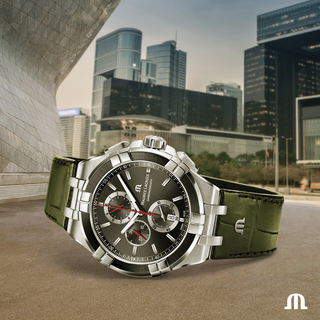  Shop Authentic Maurice Lacroix Aikon Quartz Black Dial Green Crocodile Leather Strap Watch for Men - AI1008-PVB21-330-1 - Luxxuri