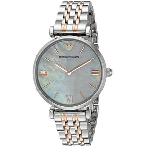  Shop Authentic Emporio Armani Gianni T-Bar Mother of Pearl Dial Two Tone Steel Strap Watch For Women - AR1987 - Luxxuri