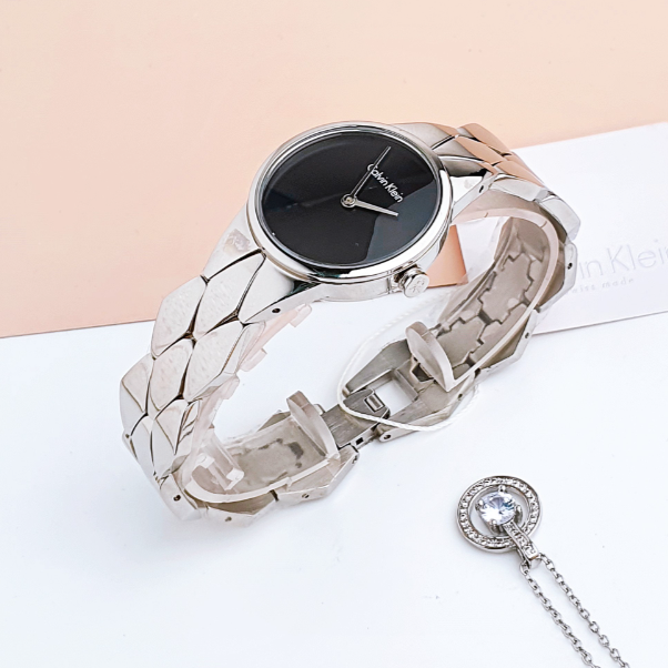  Shop Authentic Calvin Klein Snake Black Dial Silver Steel Strap Watch For Women - K6E23141 - Luxxuri