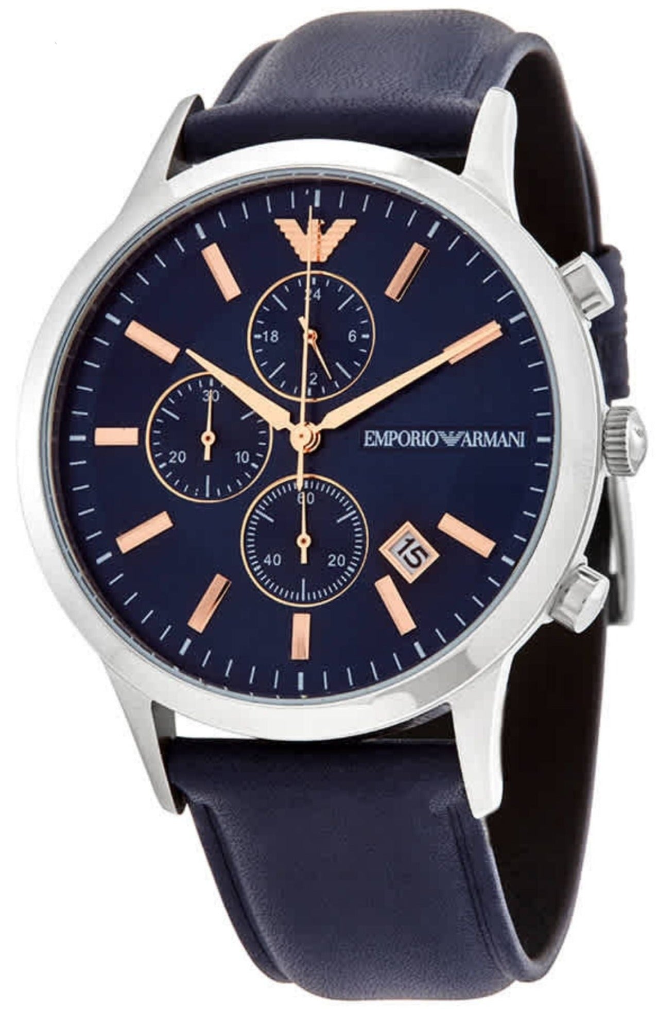  Shop Authentic Emporio Armani Renato Chronograph Blue Dial Black Leather Strap Watch For Men - AR11216 - Luxxuri