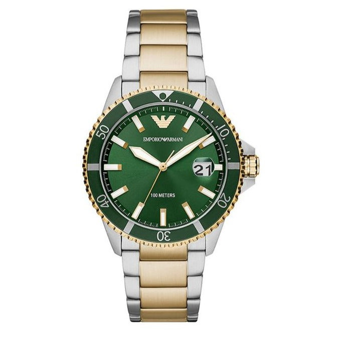  Shop Authentic Emporio Armani Diver Chronograph Green Dial Two Tone Steel Strap Watch For Men - AR80063 - Luxxuri