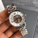  Shop Authentic Emporio Armani Gianni T Bar Silver Skeleton Dial Two Tone Strap Watch For Women - AR1992 - Luxxuri