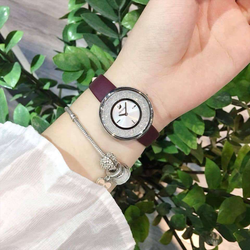  Shop Authentic Swarovski Crystalline Silver Dial Purple Leather Strap Watch for Women - 5295355 - Luxxuri