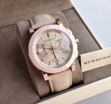  Shop Authentic Burberry The City Chronograph Rose Gold Dial Beige Leather Strap Watch For Women - BU9702 - Luxxuri