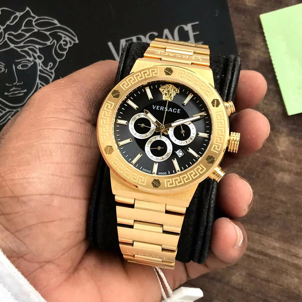  Shop Authentic Versace Greca Chronograph Black Dial Gold Steel Strap Watch For Men - VEZ900421 - Luxxuri