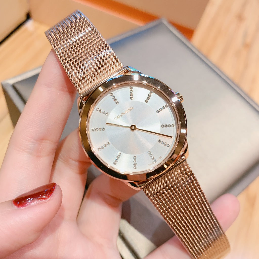  Shop Authentic Calvin Klein Minimal White Dial Rose Gold Mesh Bracelet Watch for Women - K3M22Y2X - Luxxuri