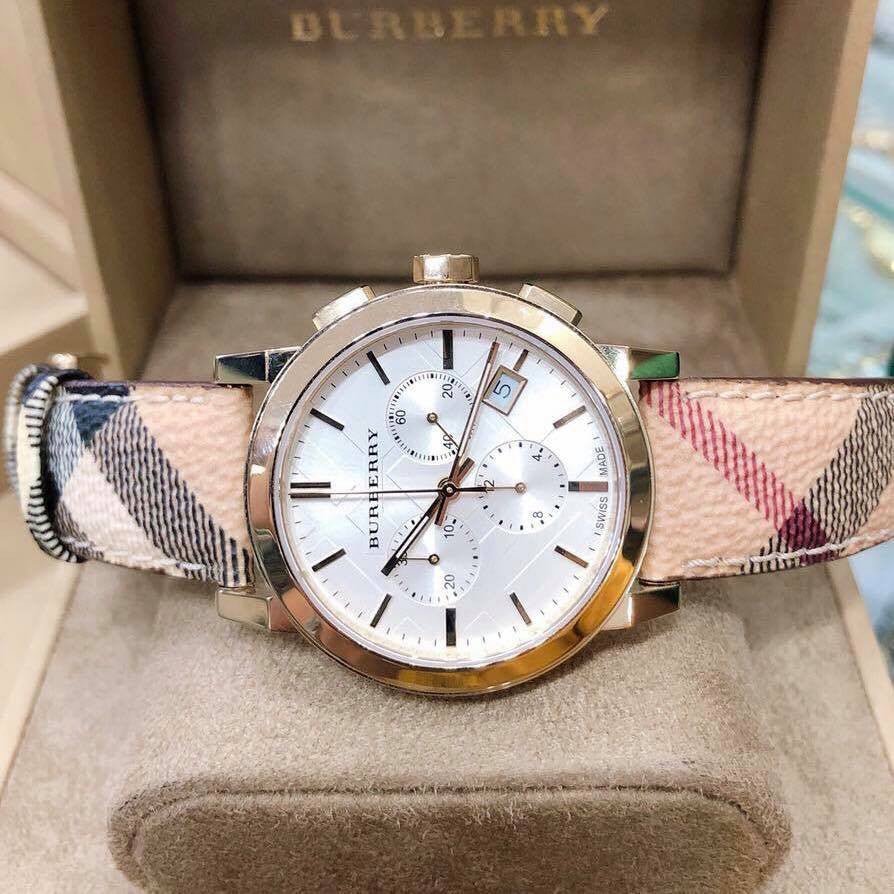  Shop Authentic Burberry The City White Dial Haymarket Beige Leather Strap Watch for Women - BU9752 - Luxxuri