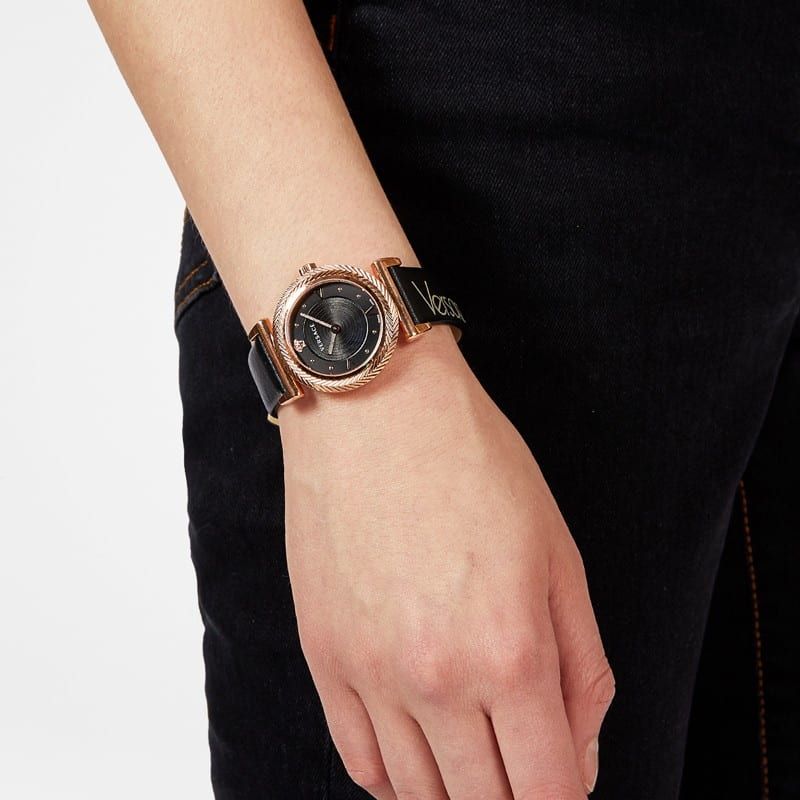  Shop Authentic Versace V-Motif Vintage Logo Black Dial Black Leather Strap Watch for Women - VERE00818 - Luxxuri