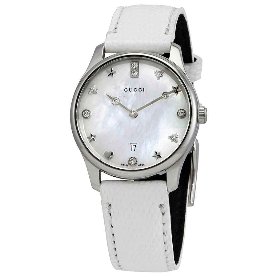  Shop Authentic Gucci G-Timeless Mother of Pearl White Dial White Leather Strap Watch For Women - YA126597 - Luxxuri