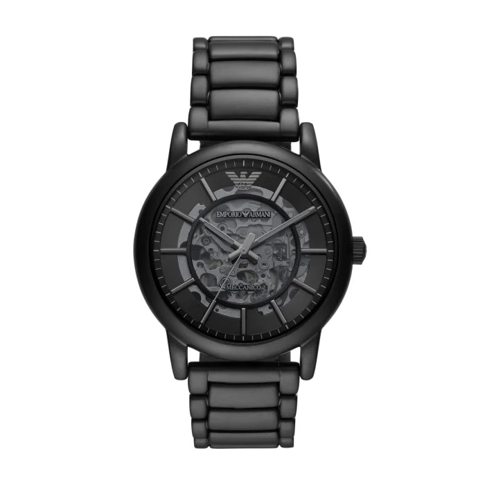 Emporio Armani Meccanico Skeleton Black Dial Black Steel Strap Watch For Men - AR60045