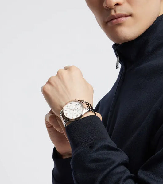  Shop Authentic Emporio Armani Giovanni Chronograph Quartz White Dial Two Tone Steel Strap Watch For Men - AR11209 - Luxxuri