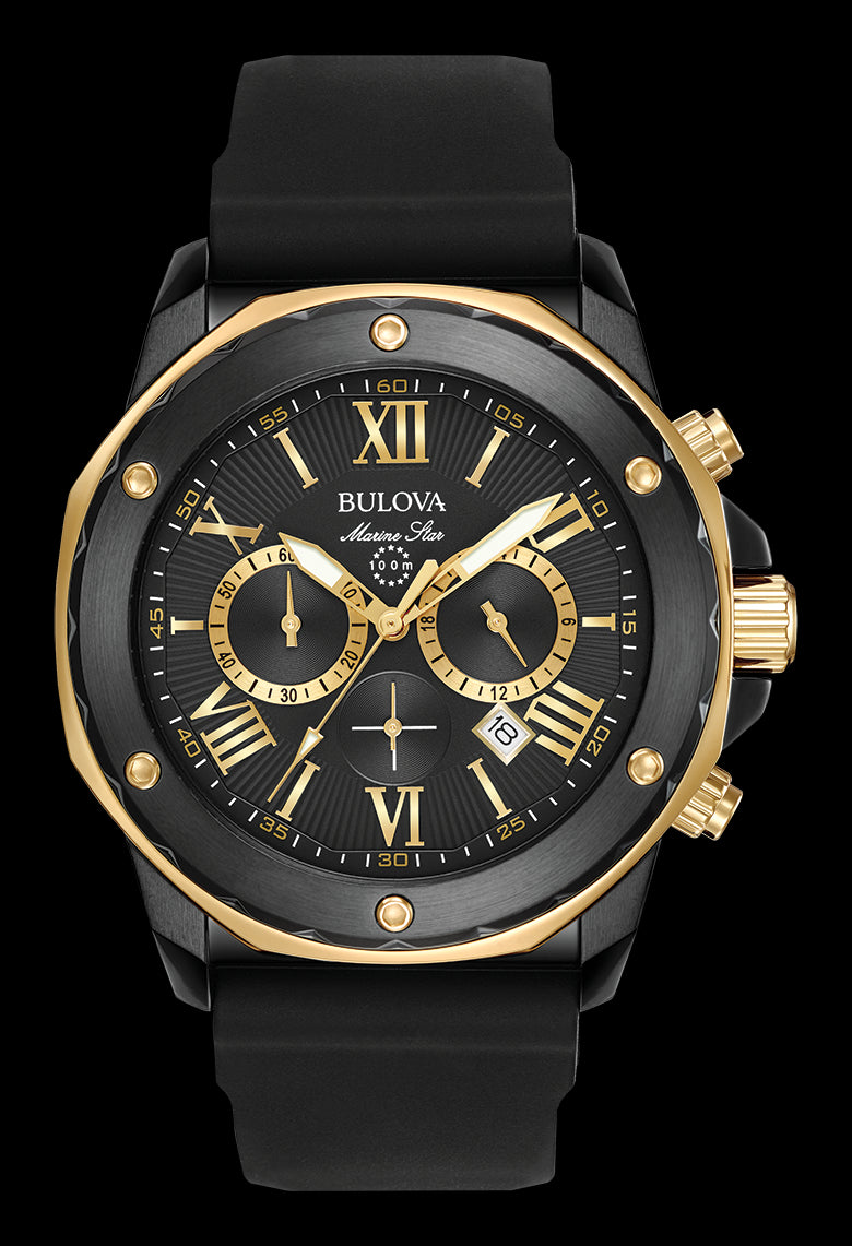  Shop Authentic Bulova Marine Star Chronograph Black Dial Black Rubber Strap Watch for Men - 98B278 - Luxxuri