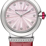  Shop Authentic Bvlgari Lvcea Intarsio Diamonds Mother of Pearl Pink Dial Red Leather Strap Watch for Women - LVCEA103619 - Luxxuri