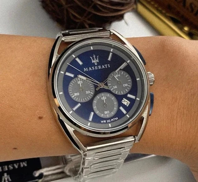  Shop Authentic Maserati Trimarano Chronograph Blue Dial Silver Steel Strap Watch For Men - R8873632004 - Luxxuri