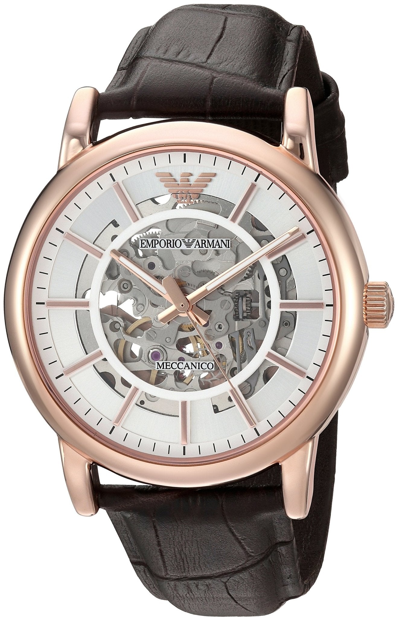 Emporio Armani Meccanico Silver Skeleton Dial Brown Leather Strap Watch For Men - AR1983