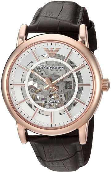  Shop Authentic Emporio Armani Meccanico Silver Skeleton Dial Brown Leather Strap Watch For Men - AR1983 - Luxxuri