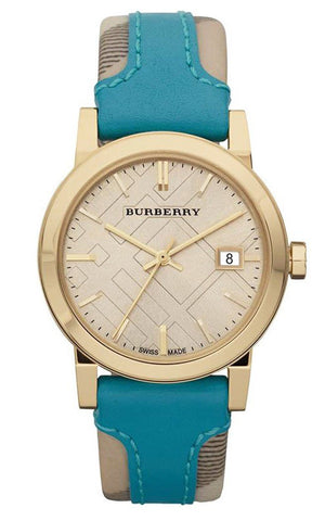  Shop Authentic Burberry Heritage Gold Dial Blue Leather Strap Watch for Women - BU9112 - Luxxuri