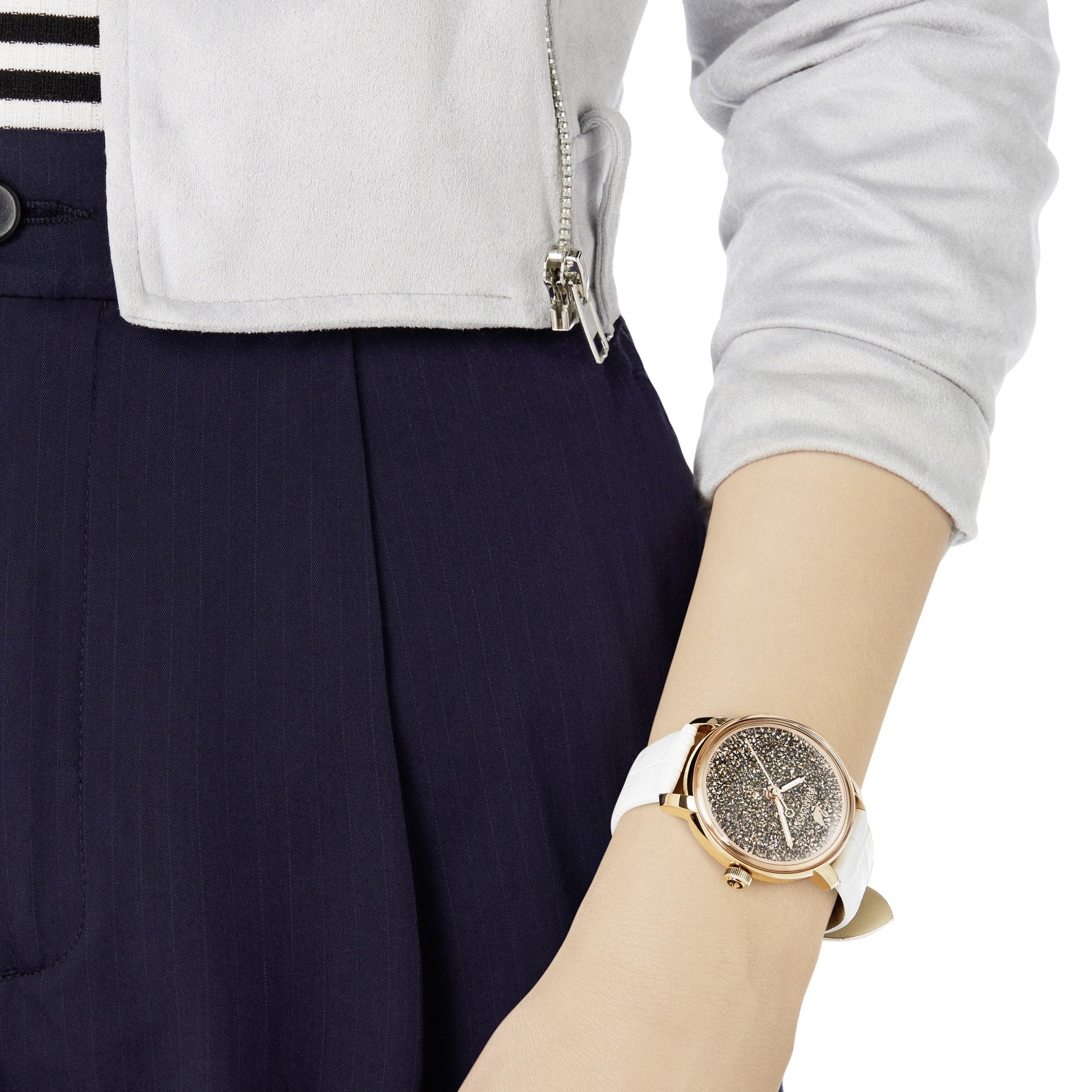  Shop Authentic Swarovski Crystalline Hours Quartz Grey Dial Black Leather Strap Watch for Women - 5344635 - Luxxuri