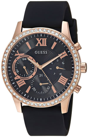  Shop Authentic Guess Solar 40mm Black & Rose Gold Dial Black Rubber Strap Watch For Women - W1135L4 - Luxxuri