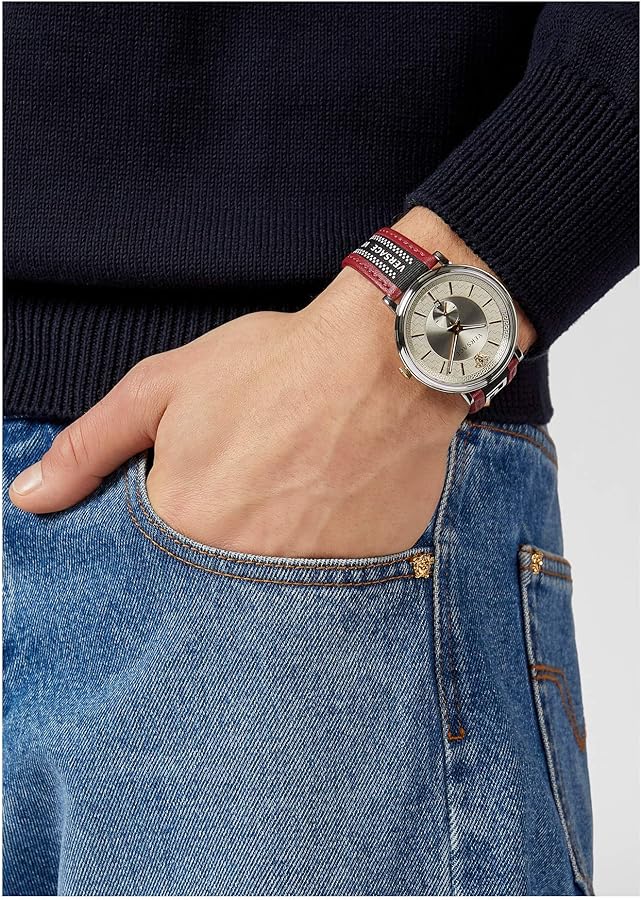  Shop Authentic Versace V Circle Silver Dial Two Tone Leather Strap Watch for Men - VEBQ01319 - Luxxuri