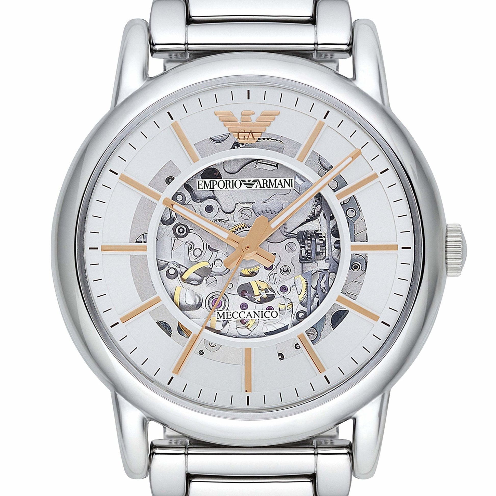  Shop Authentic Emporio Armani Meccanico Skeleton Silver Dial Silver Steel Strap Watch For Men - AR1980 - Luxxuri