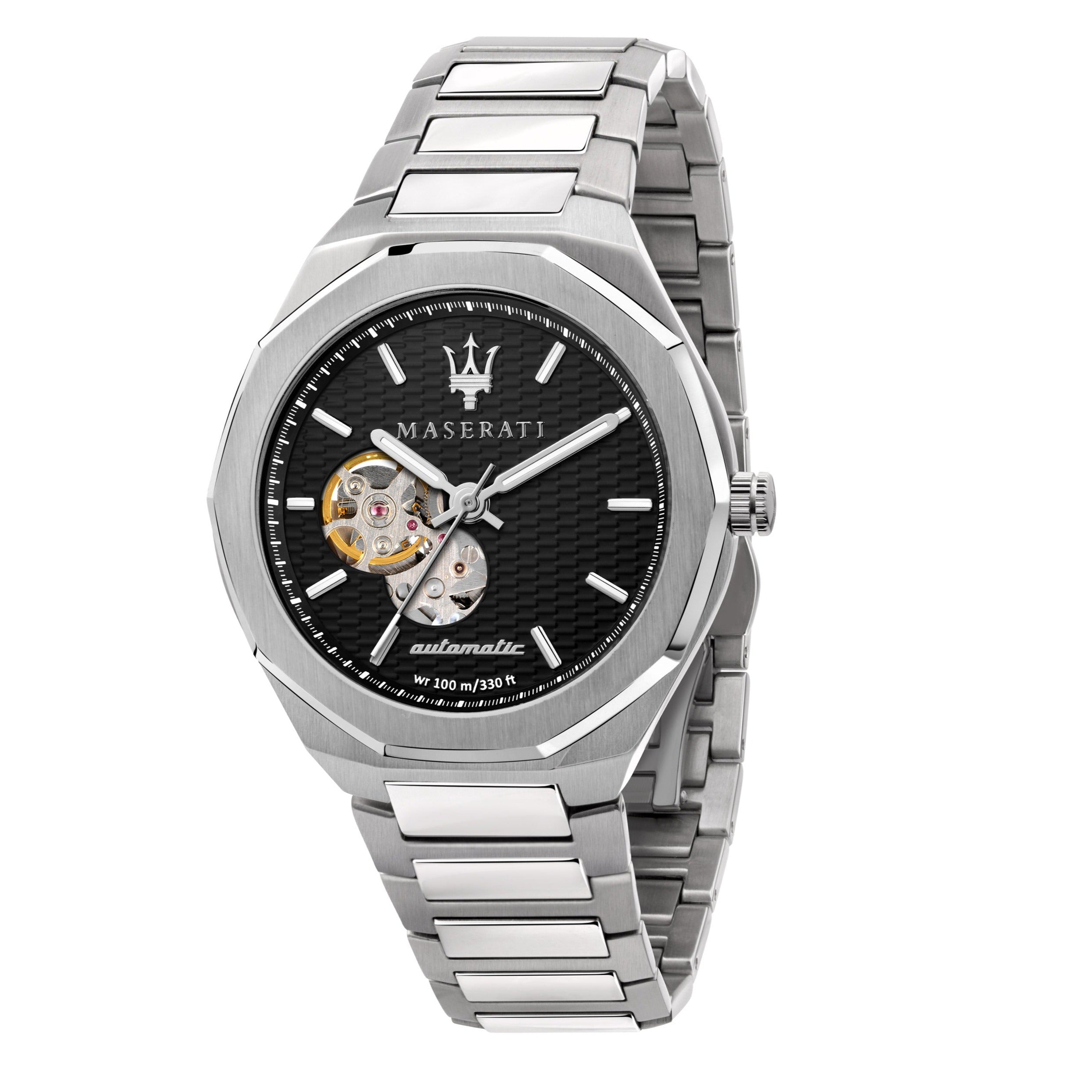 Maserati Stile Skeleton Automatic Black Dial Silver Steel Strap Watch For Men - R8823142002