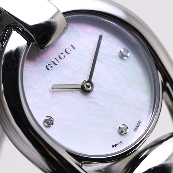  Shop Authentic Gucci Horsebit Collection Diamonds Mother of Pearl Dial Silver Steel Strap Watch For Women - YA139506 - Luxxuri