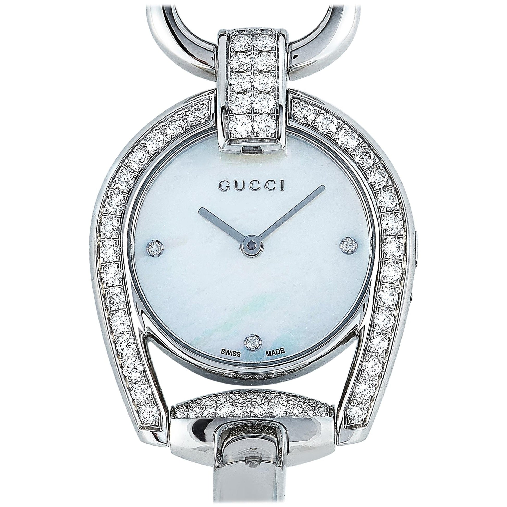  Shop Authentic Gucci Horsebit Collection Diamonds Mother of Pearl Dial Silver Steel Strap Watch For Women - YA139505 - Luxxuri