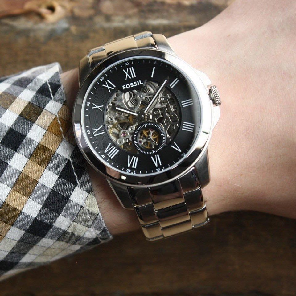 Fossil Grant Skeleton Black Dial Silver Steel Strap Watch for Men - ME3055