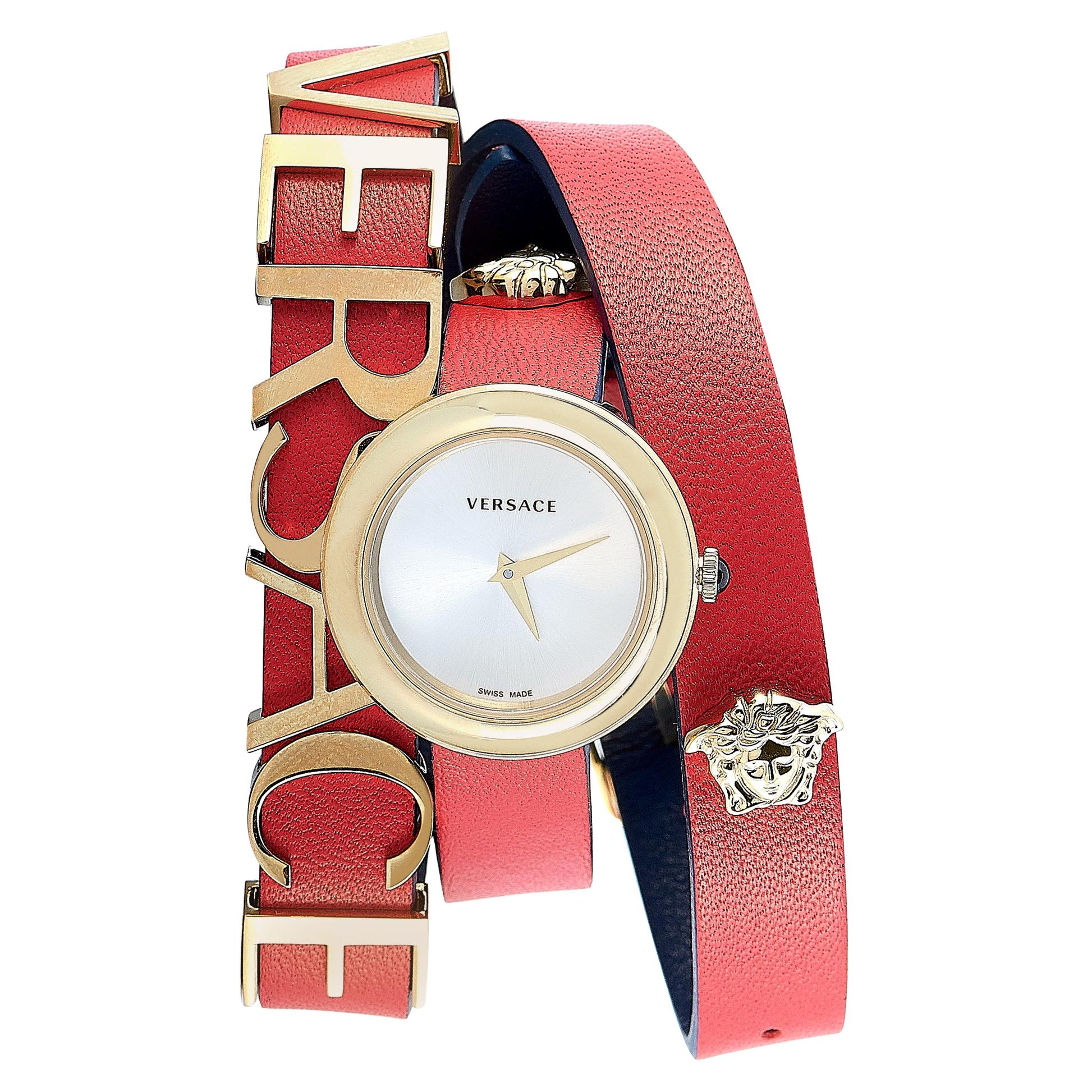  Shop Authentic Versace V-Flare Quartz Silver Dial Red Leather Strap Watch for Women - VEBN00418 - Luxxuri