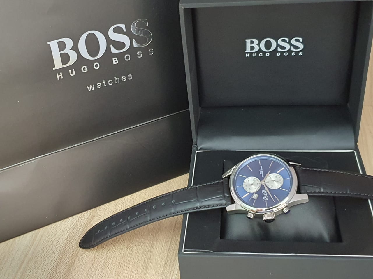  Shop Authentic Hugo Boss Jet Blue Dial Black Leather Strap Watch for Men - 1513283 - Luxxuri