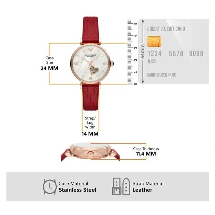  Shop Authentic Emporio Armani Gianni T-Bar Mother of Pearl White Dial Red Leather Strap Watch For Women - AR60048 - Luxxuri