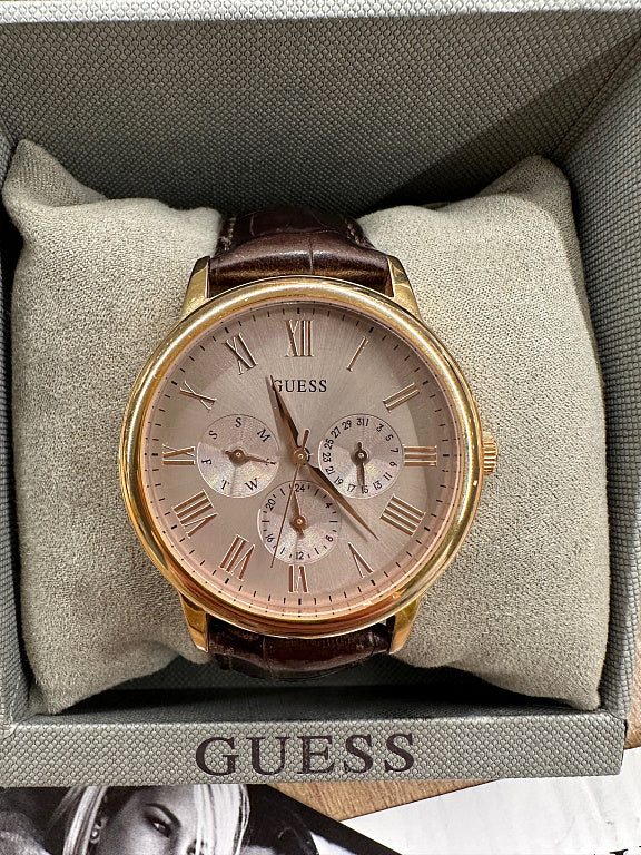  Shop Authentic Guess Wafer Quartz Beige Dial Brown Leather Strap Watch For Men - W0496G1 - Luxxuri
