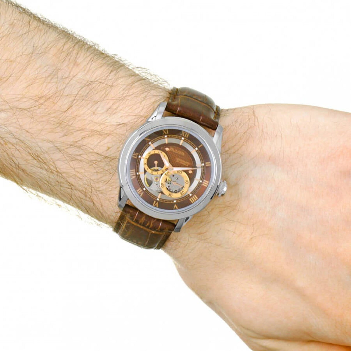  Shop Authentic Bulova Classic Skeleton Automatic Brown Dial Brown Leather Strap Watch for Men - 96A120 - Luxxuri