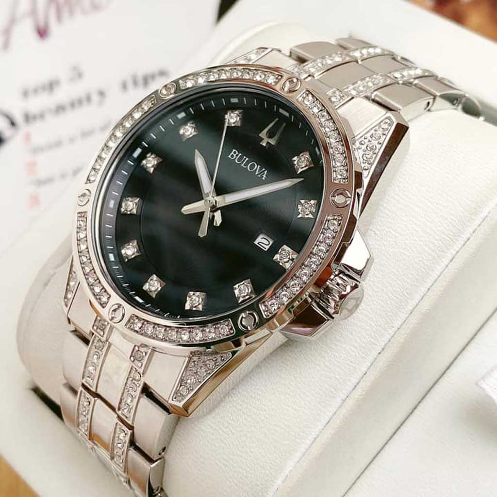  Shop Authentic Bulova Crystal Collection Black Dial Silver Steel Strap Watch for Men - 96K104 - Luxxuri
