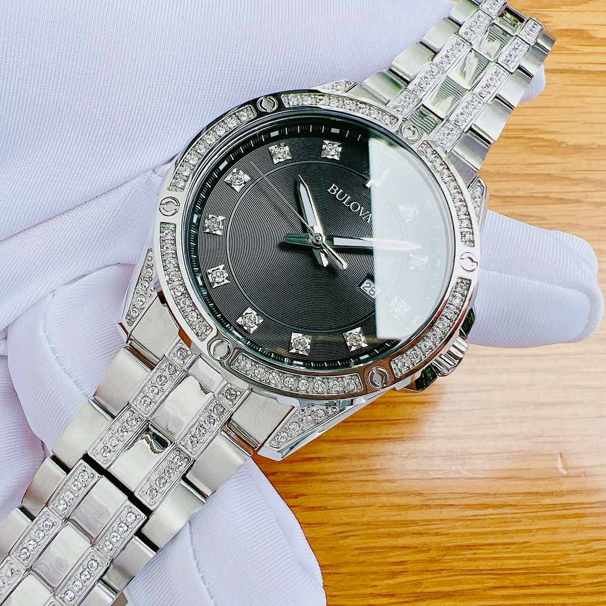  Shop Authentic Bulova Crystal Collection Black Dial Silver Steel Strap Watch for Men - 96K104 - Luxxuri