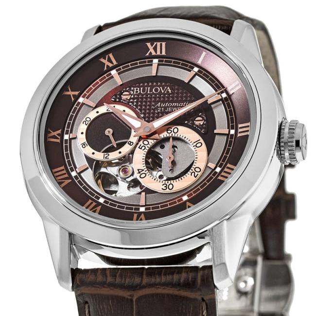  Shop Authentic Bulova Classic Skeleton Automatic Brown Dial Brown Leather Strap Watch for Men - 96A120 - Luxxuri
