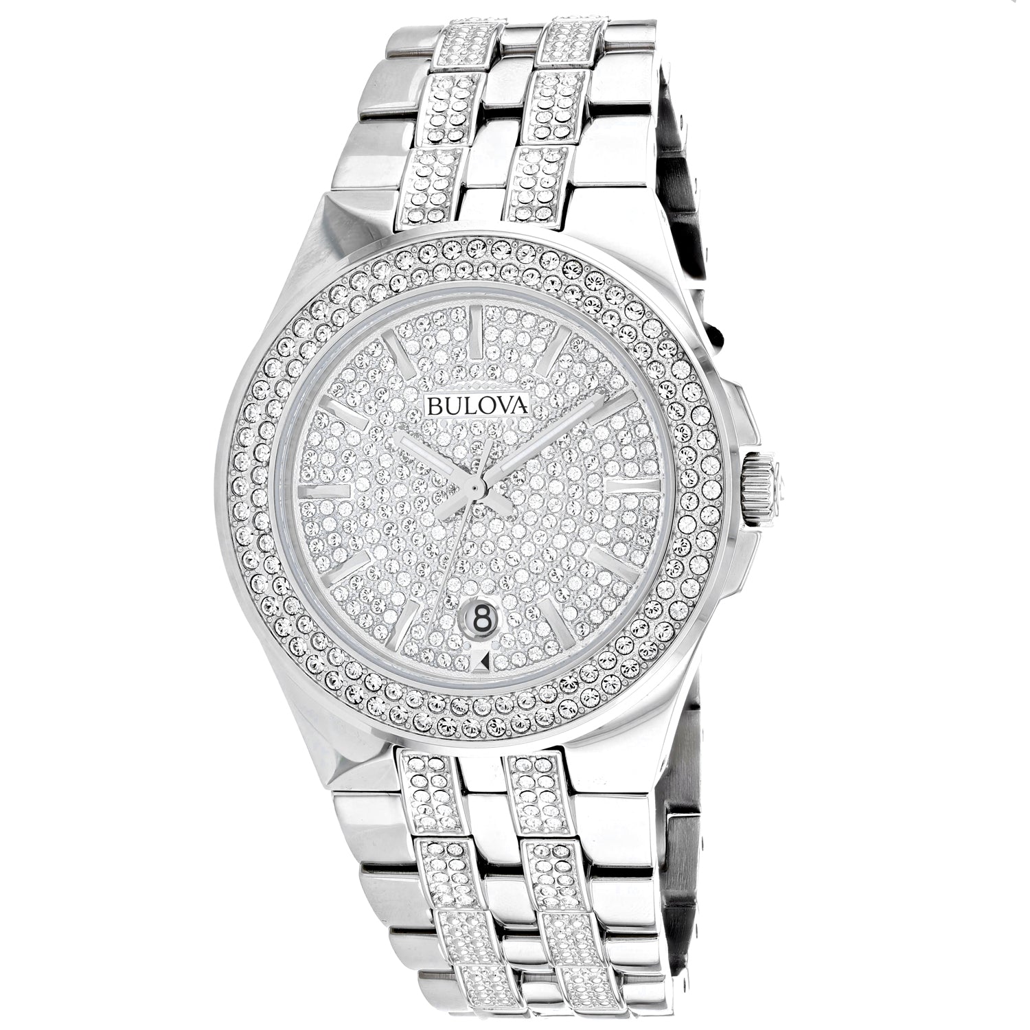  Shop Authentic Bulova Crystal Pave Silver Dial Silver Steel Strap Watch for Men - 96B235 - Luxxuri