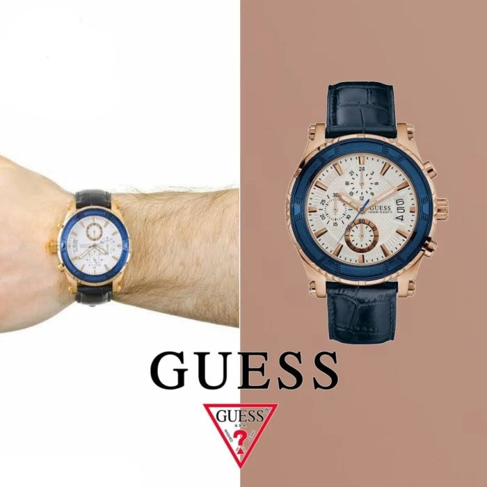  Shop Authentic Guess Pinnacle Chronograph White Dial Blue Leather Strap Watch For Men - W0673G6 - Luxxuri