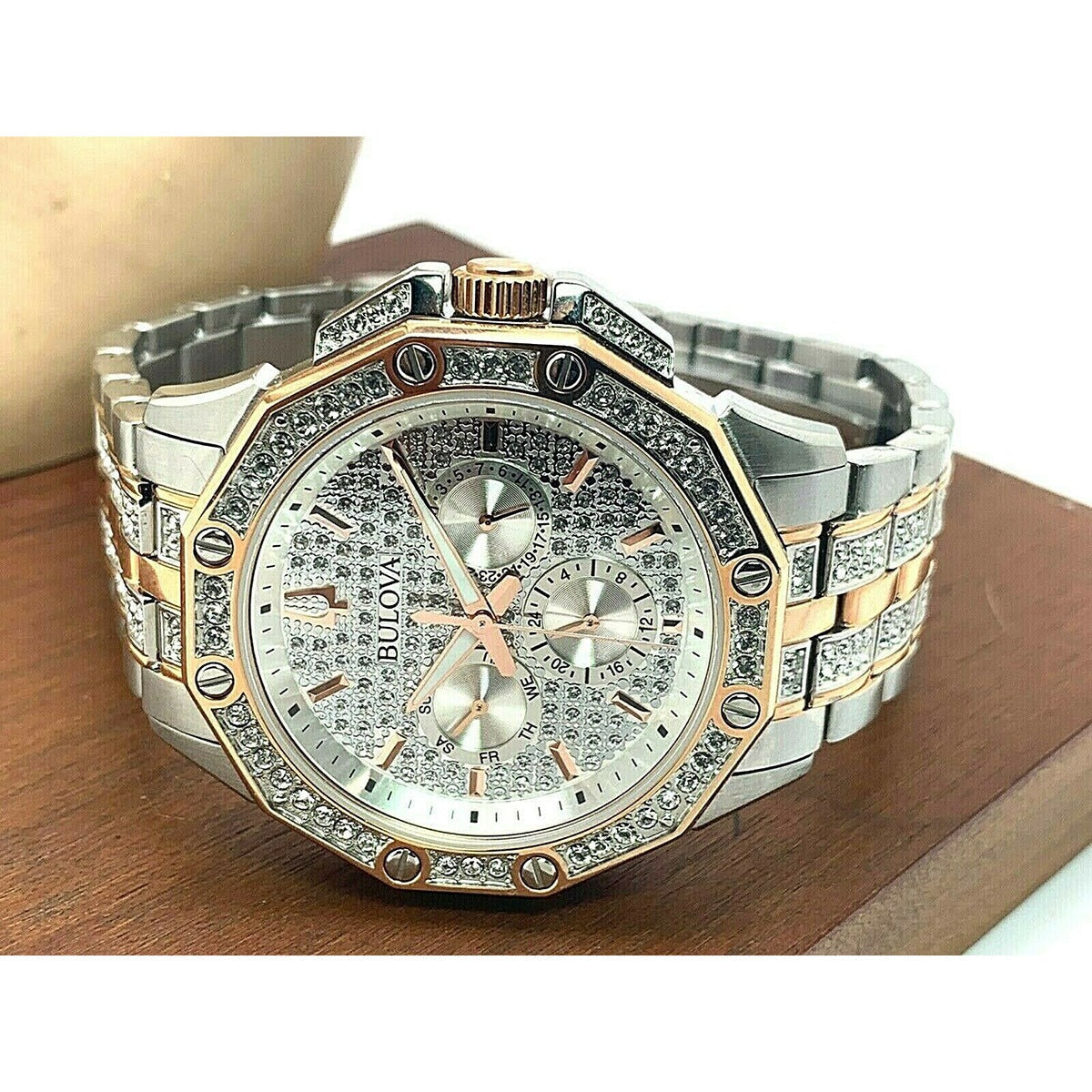  Shop Authentic Bulova Octova Crystal Silver Dial Two Tone Steel Strap Watch for Men - 98C133 - Luxxuri