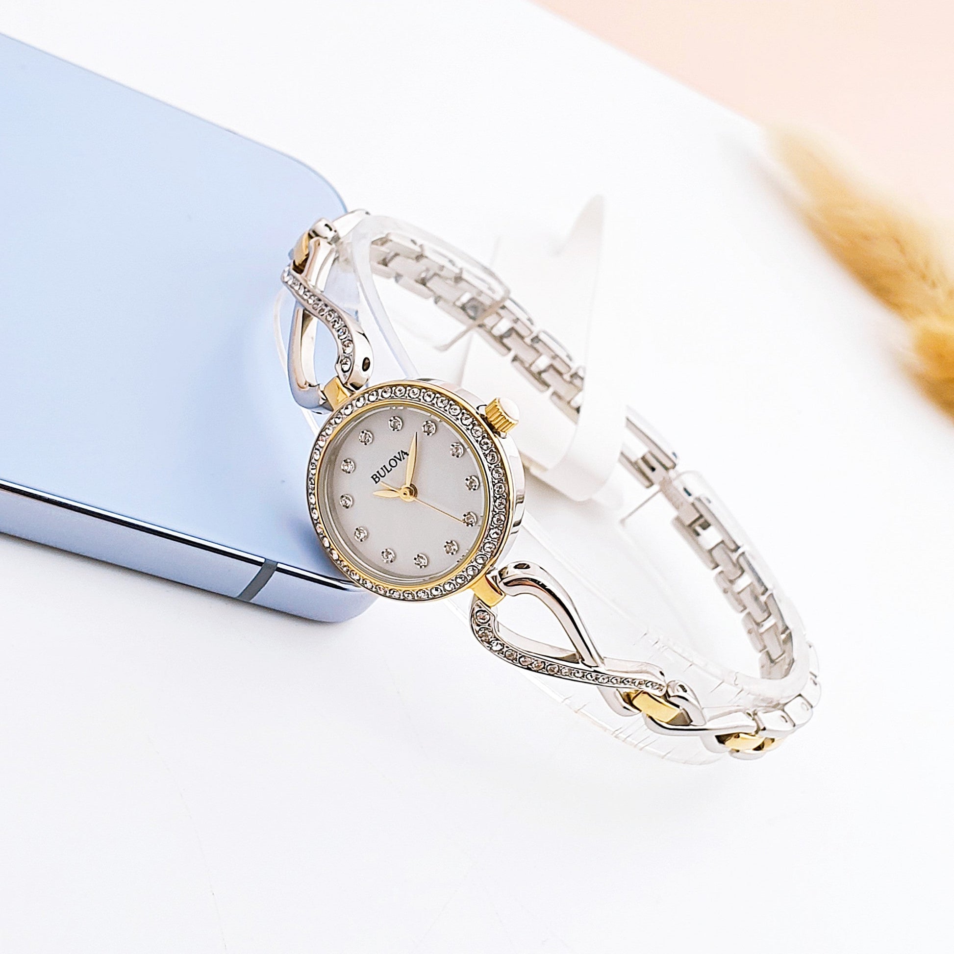  Shop Authentic Bulova Analog Crystals Mother of Pearl Dial Silver Steel Strap Watch for Women - 98X109 - Luxxuri