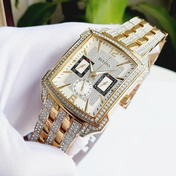  Shop Authentic Bulova Crystal Chronograph White Dial Two Tone Steel Strap Watch for Men - 98C109 - Luxxuri