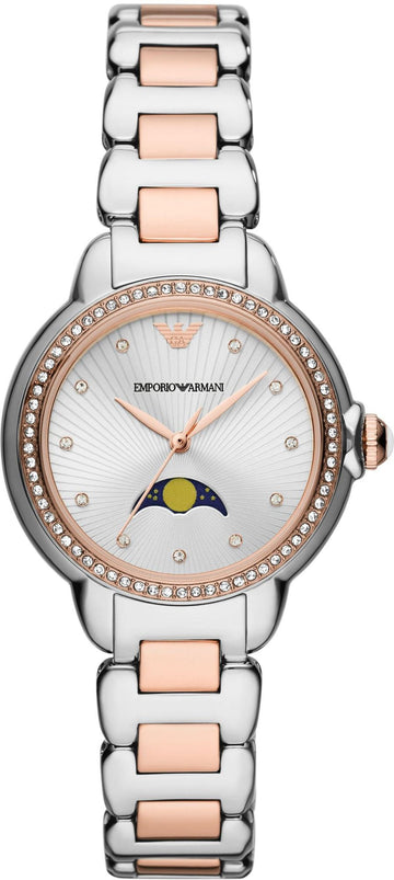  Shop Authentic Emporio Armani Mia Three Hand Moonphase Mother of Pearl Dial Two Tone Steel Strap Watch For Women - AR11567 - Luxxuri